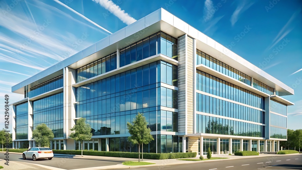 Modern office building exterior with panoramic views in sunny day Modern office building exterior with panoramic views in sunny day
