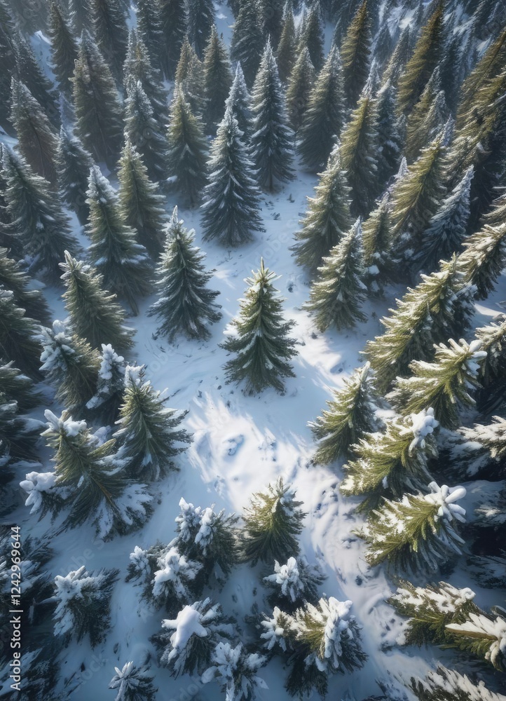 Obraz premium Snow covered fir tree forest landscape from aerial view, frozen forest, cold climate