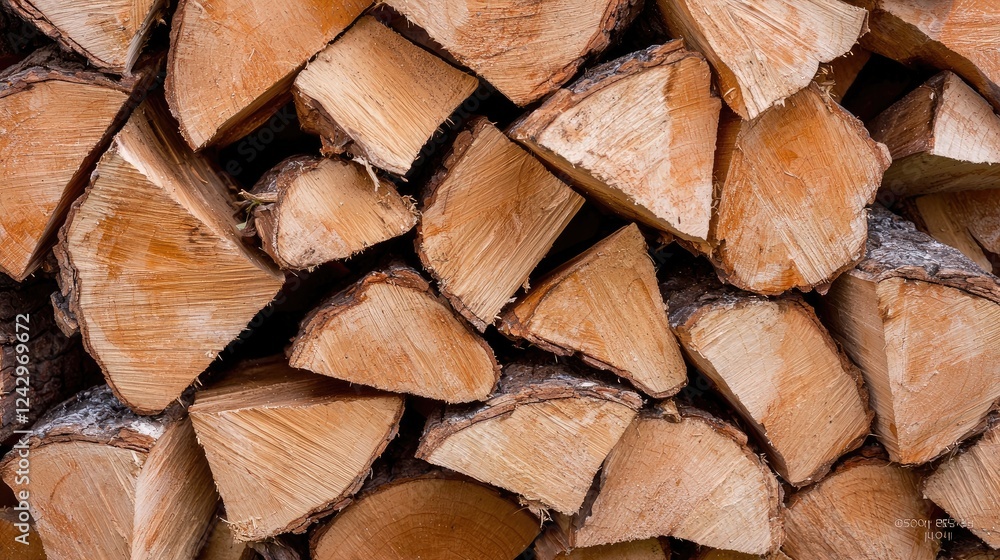 Stacked firewood, outdoors, natural light, winter warmth Stacked firewood, outdoors, natural light, winter warmth