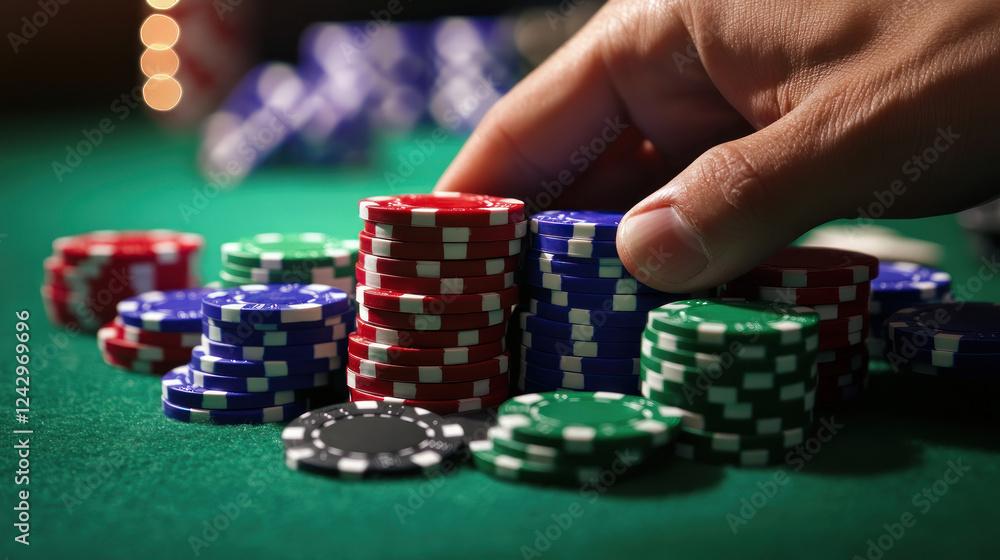 hand skillfully arranges colorful poker chips on green felt table, creating sense of anticipation and strategy in casino setting hand skillfully arranges colorful poker chips on green felt table, creating sense of anticipation and strategy in casino setting