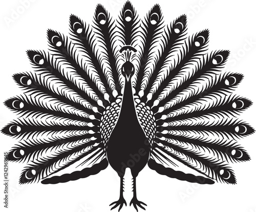 peacock with feathers, illustration of a black silhouette of a peacock displaying its feathers against a white background