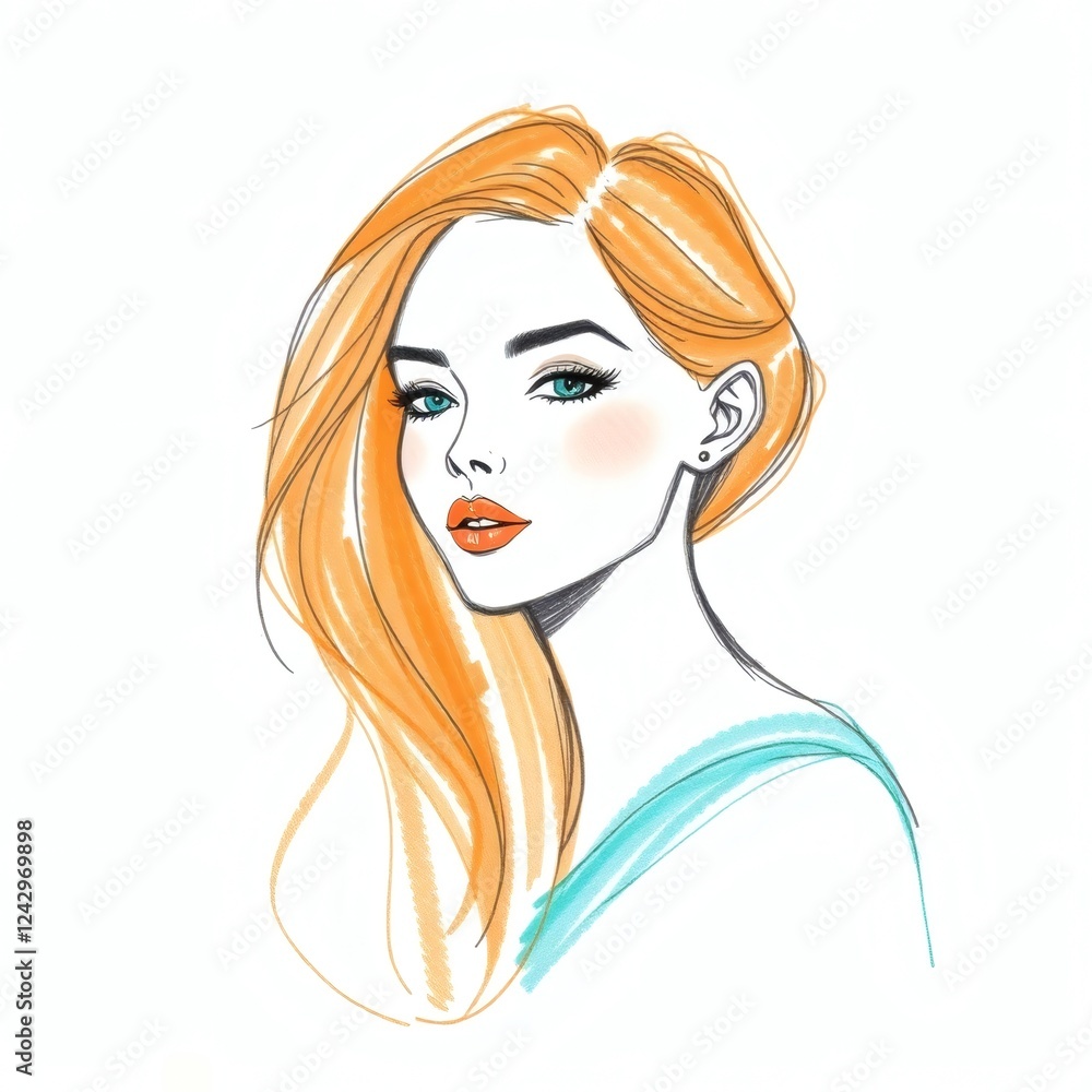 Stylized portrait of a young woman with long orange hair and striking green eyes in a simple blue top Stylized portrait of a young woman with long orange hair and striking green eyes in a simple blue top