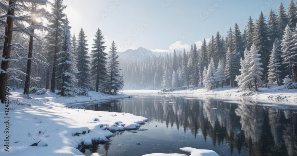 Snowy forest landscape with snow-covered trees and a frozen lake on Christmas Eve, bare branches, snowy forest Snowy forest landscape with snow-covered trees and a frozen lake on Christmas Eve, bare branches, snowy forest