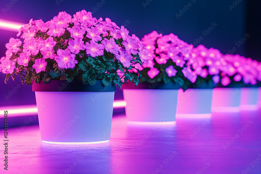 Fototapeta premium Vibrant flowers in illuminated pots create stunning display of color and light. arrangement showcases beauty of nature enhanced by modern lighting