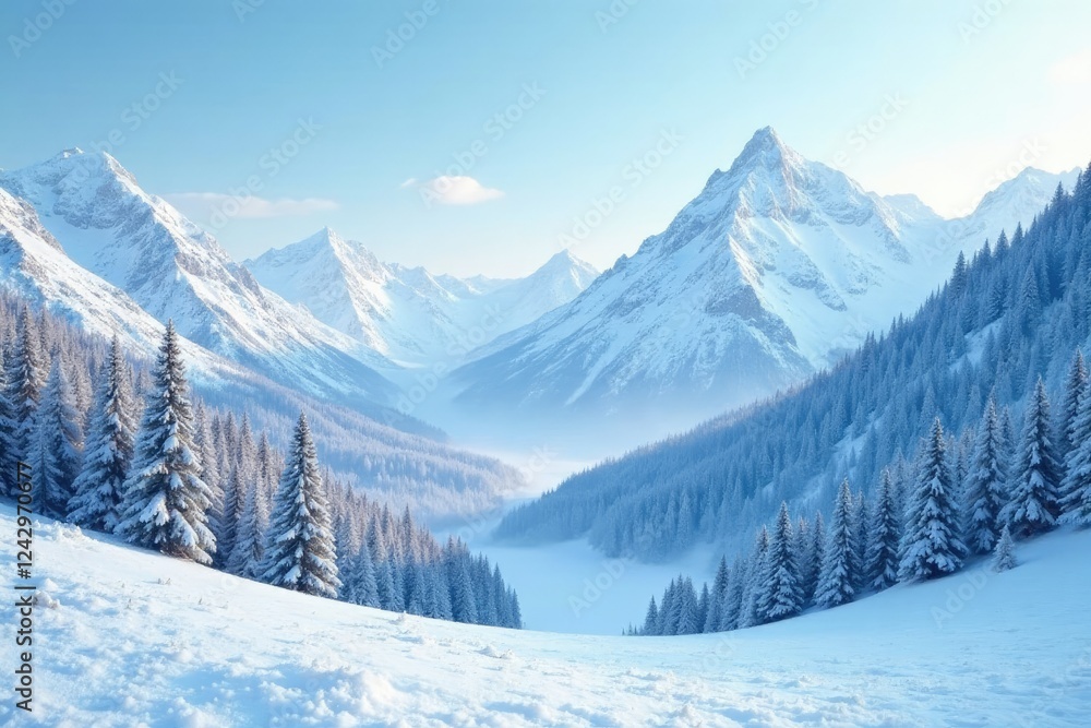 Snowy mountains covered in a layer of freshly fallen snow, frost, snowy Snowy mountains covered in a layer of freshly fallen snow, frost, snowy