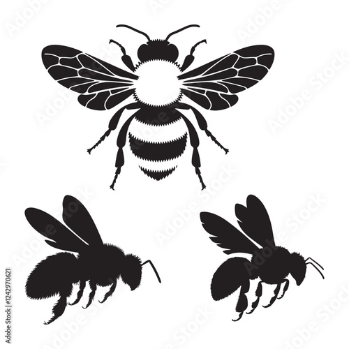 A illustration of a bee silhouette in mid-flight. The bee has