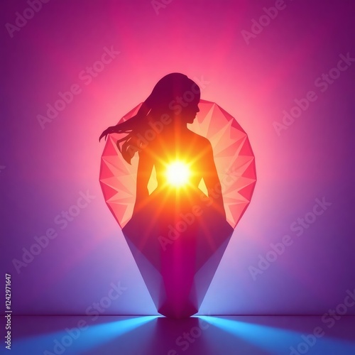 Colorful silhouette of a woman emerging from a geometric shape with vibrant light effects at a creative art space