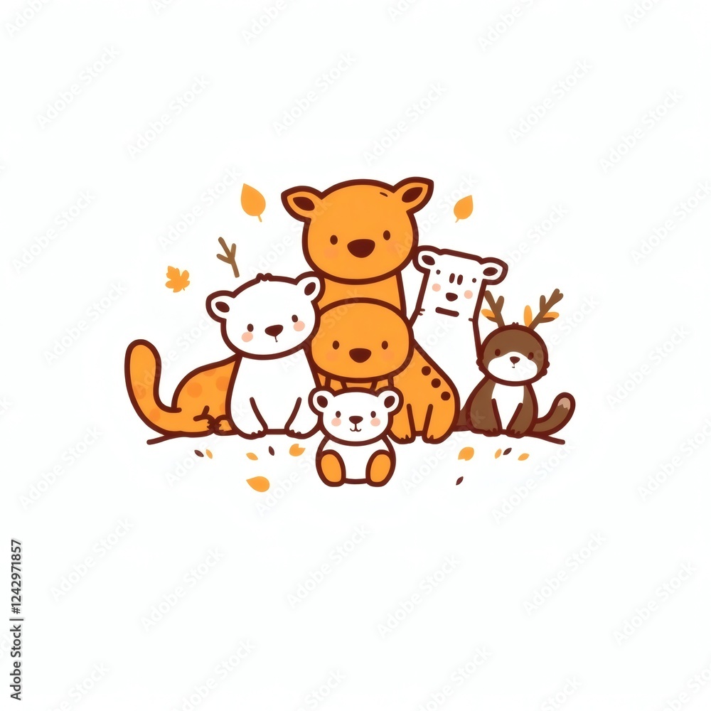 Obraz premium Cute animal group posing together in warm autumn tones capturing playful camaraderie in a whimsical style
