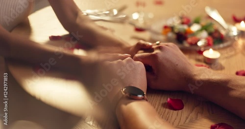 Wallpaper Mural Couple, holding hands and love on date at restaurant for roses, romantic and valentines day celebration. Closeup, people and trust of anniversary dinner, relationship commitment and partner affection Torontodigital.ca