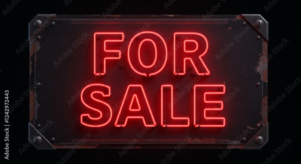 Fototapeta premium For sale neon sign glowing in red for vintage storefront advertising