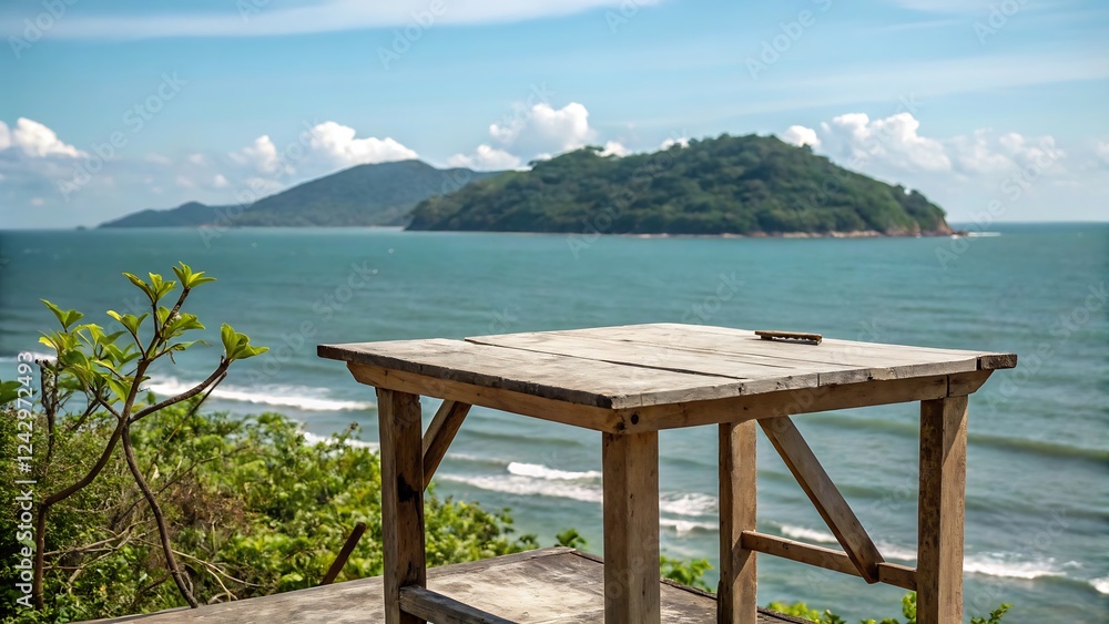 Rustic wooden table overlooking tranquil ocean view Rustic wooden table overlooking tranquil ocean view