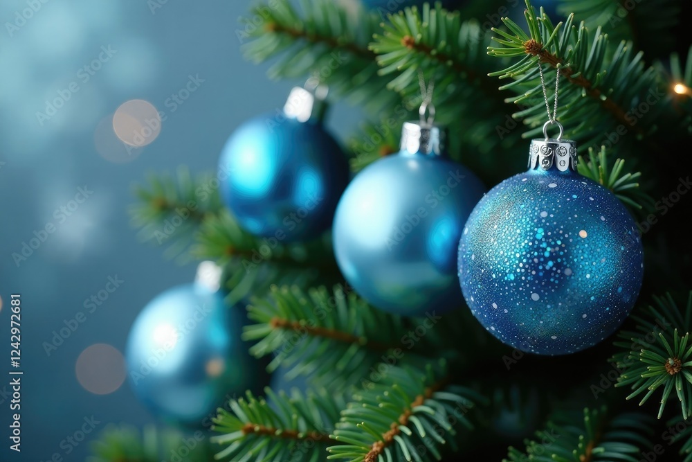 Sparkling blue and silver baubles adorn evergreen tree, winter holiday decor, christmas bauble decoration, blue silver ornaments Sparkling blue and silver baubles adorn evergreen tree, winter holiday decor, christmas bauble decoration, blue silver ornaments