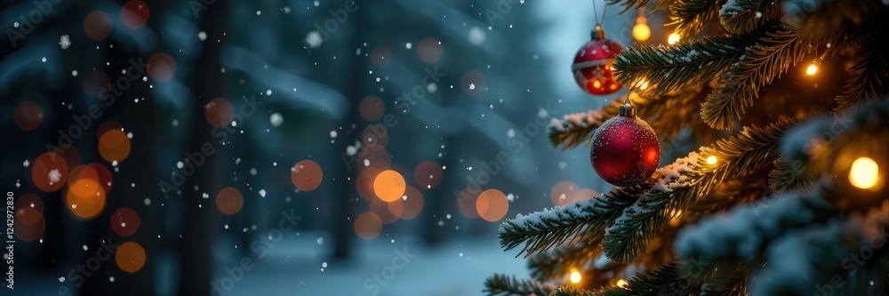 Sparkling snowflakes fall from a festive Christmas tree, christmas tree, lights, garland Sparkling snowflakes fall from a festive Christmas tree, christmas tree, lights, garland