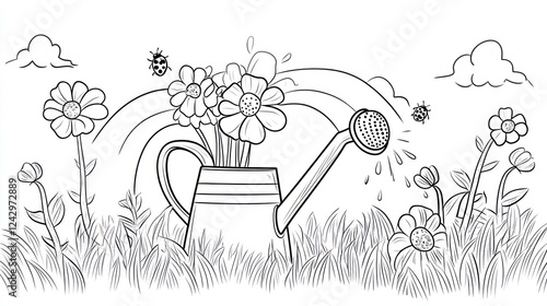 Watering can flowers rainbow garden coloring page photo