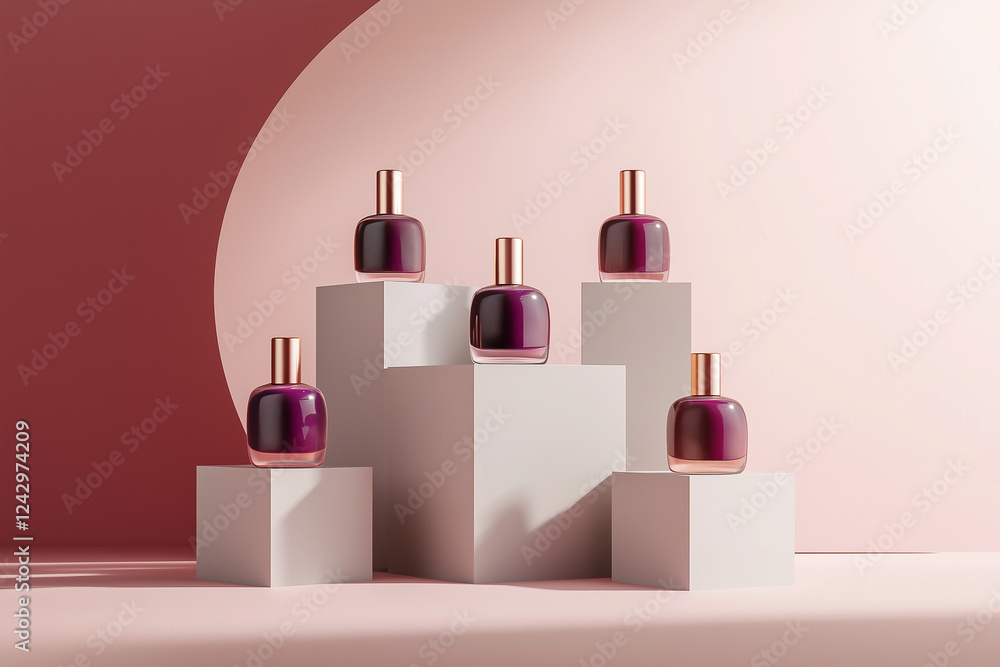trendy nail polish collection displayed on geometric pedestals in varying heights trendy nail polish collection displayed on geometric pedestals in varying heights
