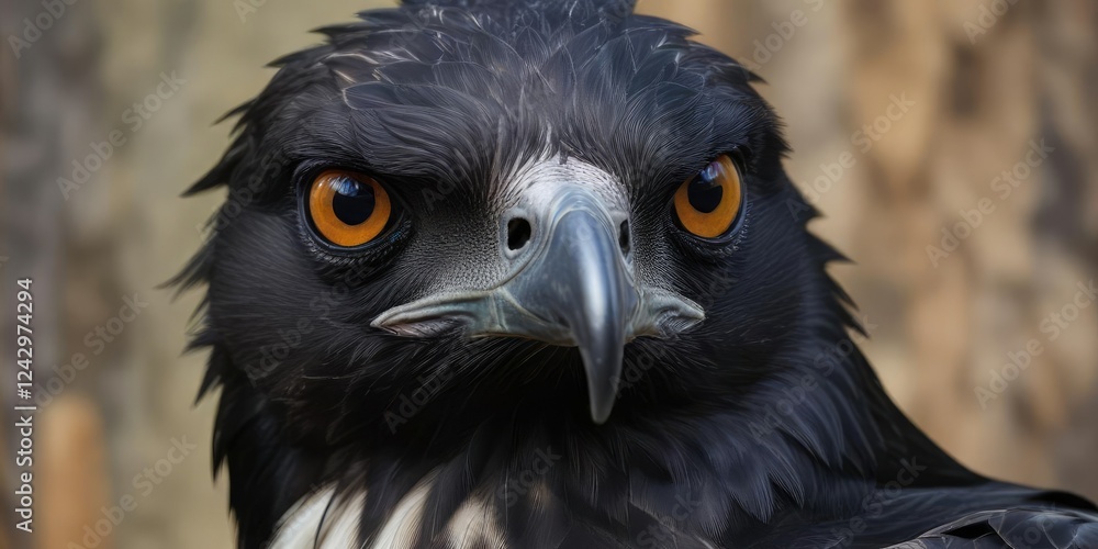 Fototapeta premium Portrait of a black hawk eagle with its distinctive facial markings, face, texture
