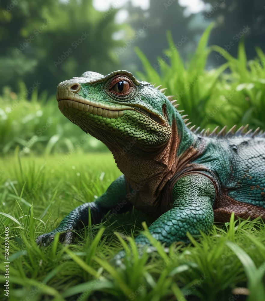 Obraz premium Reptilian creature resting on a lush green grass, wildlife, calm scene