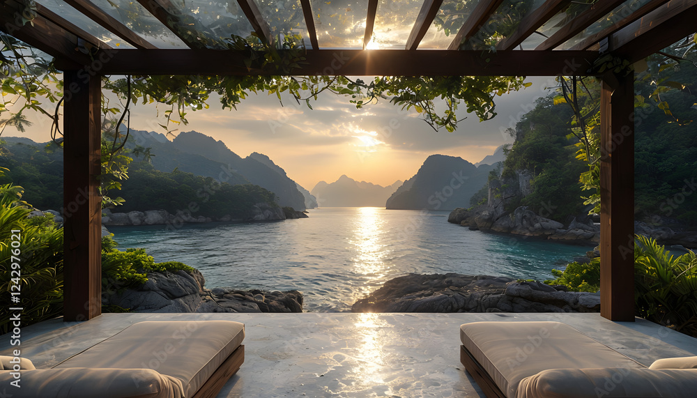 Fototapeta premium Tranquil Seascape Framed By Pergola And Lush Foliage