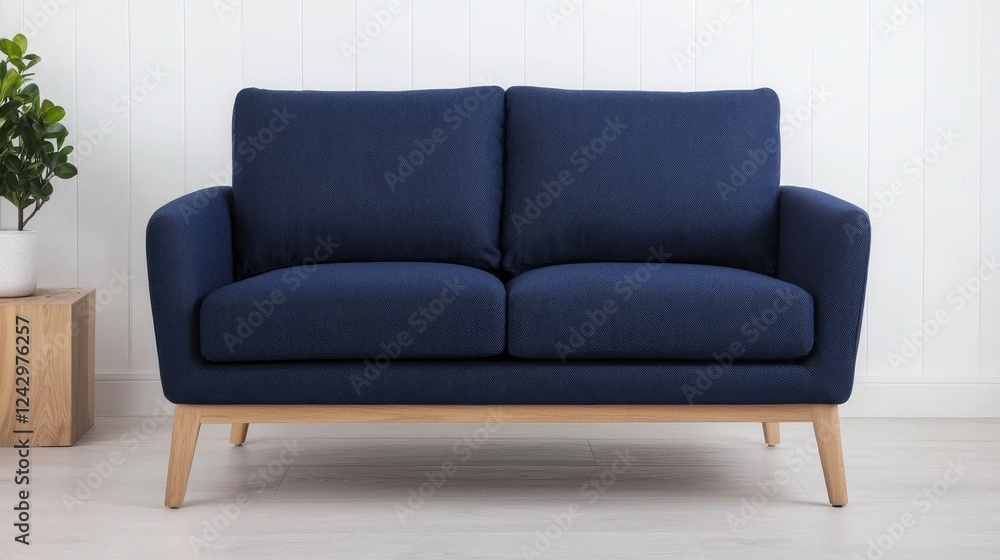 Navy Blue Two Seater Sofa with Light Wood Legs Navy Blue Two Seater Sofa with Light Wood Legs