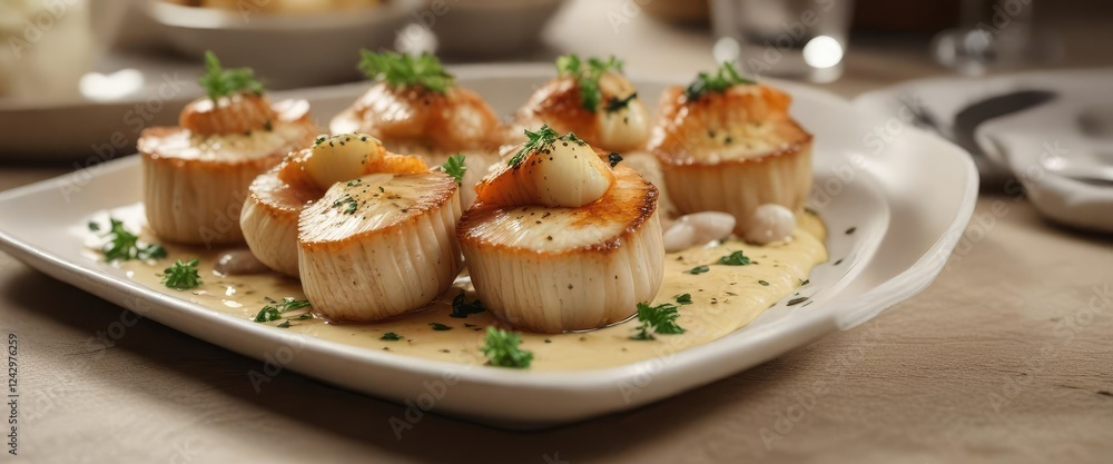 Scallops in their natural shells served with a rich and creamy sauce, shellfish, seafood, sauce