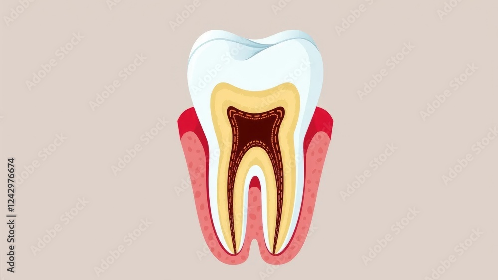 Detailed Cross-Section of Human Tooth Showing Root, Pulp, and Surrounding Bone Detailed Cross-Section of Human Tooth Showing Root, Pulp, and Surrounding Bone