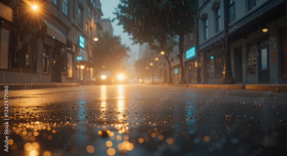 Obraz premium a scene of a summer storm. Golden hour light illuminates water droplets and puddle reflections on a wet urban street.