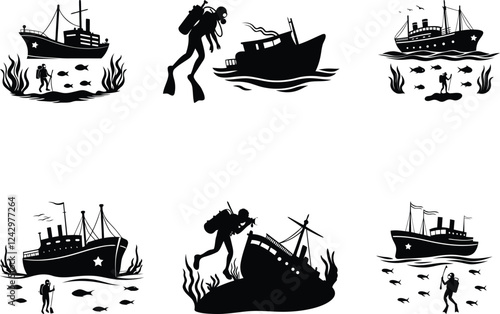 Premium quality Scuba diver underwater exploration silhouette vector art set, Scuba diver underwater exploration line art vector icon design