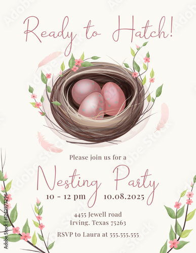 Beautiful watercolor Nesting Party invitation with a bird's nest, pink eggs, floral accents, and soft pastel tones. Perfect for baby showers, gender reveal parties, and nature-inspired celebrations.