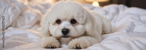 Sleepy white bichon frise dog lying down on a soft bed next to a white comforter, bedding, slumber, bedmate, relax photo