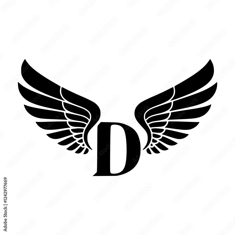 Obraz premium Winged Letter D Black Logo Design, Black letter D with symmetrical wings, forming a stylish and modern logo. Suitable for branding, aviation, sports, business, or creative identity. 