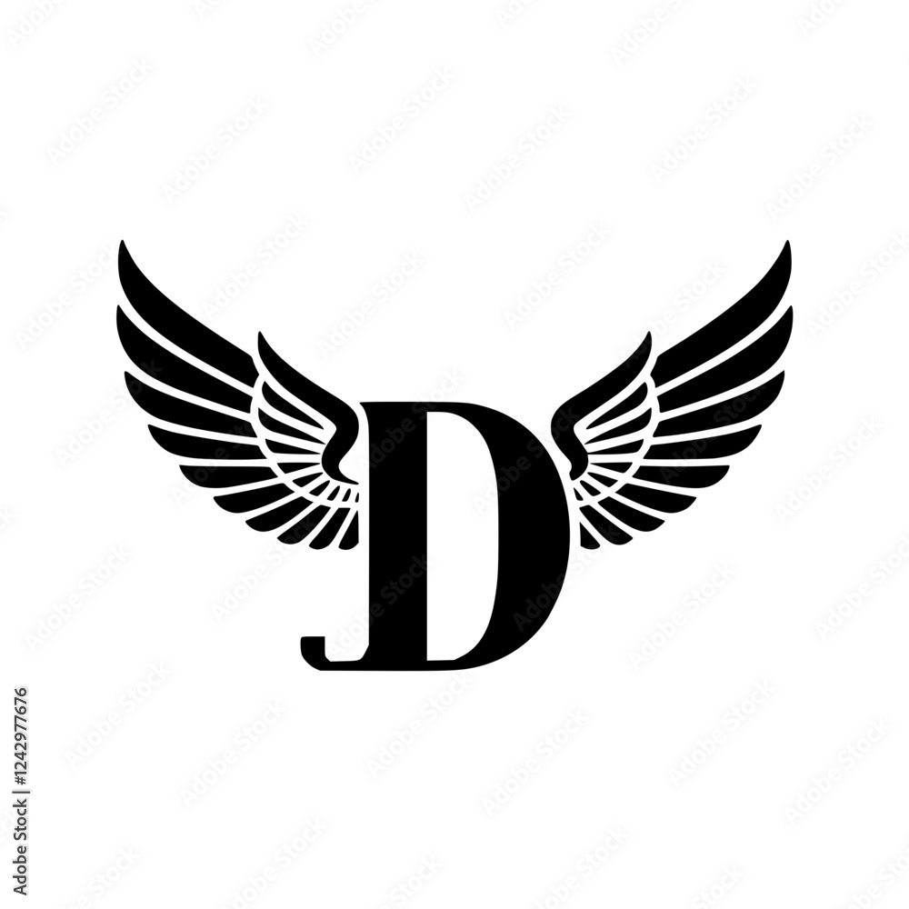 Naklejka premium Winged Letter D Black Logo Design, Black letter D with symmetrical wings, forming a stylish and modern logo. Suitable for branding, aviation, sports, business, or creative identity.