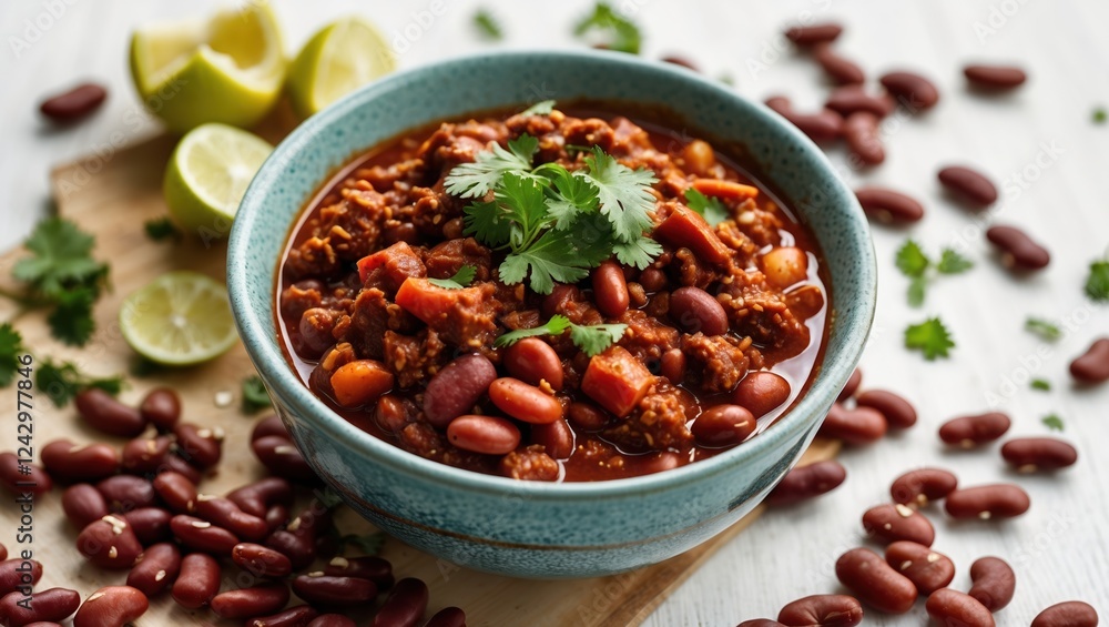 Delicious chili bowl with kidney beans, vegetables, and cilantro, garnished with lime. Delicious chili bowl with kidney beans, vegetables, and cilantro, garnished with lime.