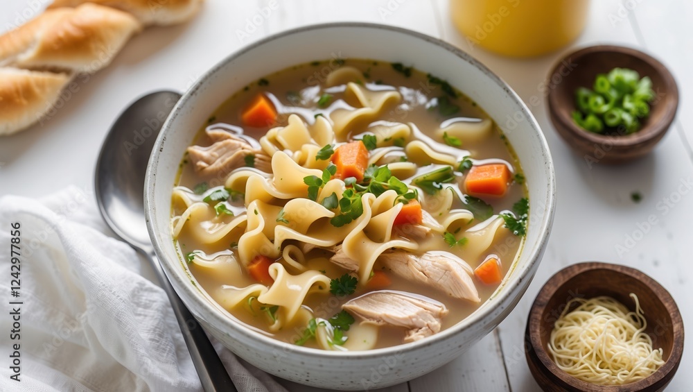 Delicious chicken noodle soup with colorful carrots and green onions in a rustic setting. Delicious chicken noodle soup with colorful carrots and green onions in a rustic setting.