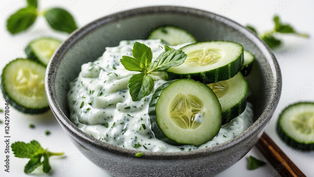 Creamy yogurt dip with cucumber and mint in bowl, conveying freshness and healthiness. Creamy yogurt dip with cucumber and mint in bowl, conveying freshness and healthiness.