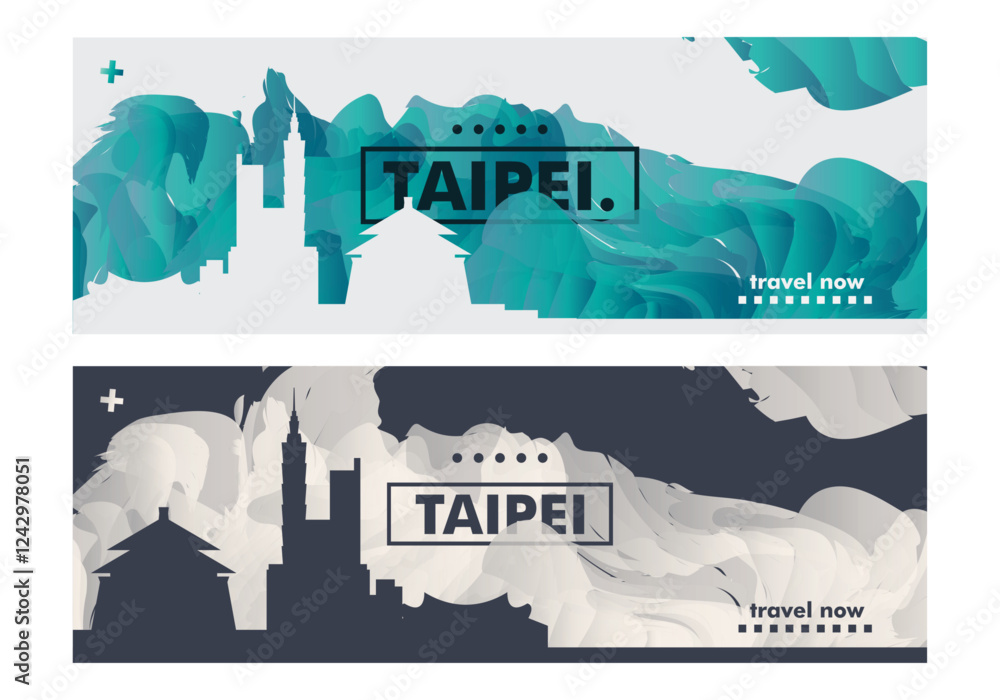 Obraz premium Taipei city horizon profile banner, placard, header, footer. Taiwan metropolis downtown vector website page layout with panoramic front view