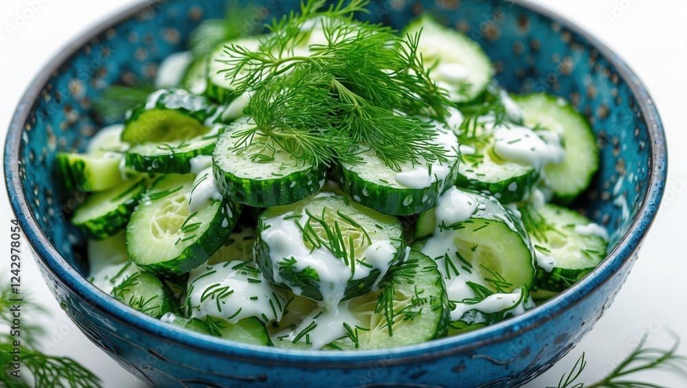 Fresh cucumber salad with yogurt and dill in a vibrant blue bowl. Fresh cucumber salad with yogurt and dill in a vibrant blue bowl.