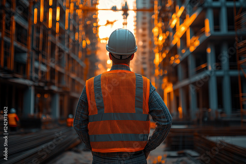 A Construction Worker In An Orange Vest And Hard Hat Standing On A Construction Site, Wearing Hi-Vis Clothing And Surrounded By Bright Construction Materials. Generative Ai photo