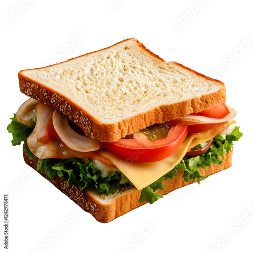 Delicious Sandwich, Freshly Made Sandwich with Ham, Cheese, Lettuce, Tomato Isolated on Transparent Background PNG photo