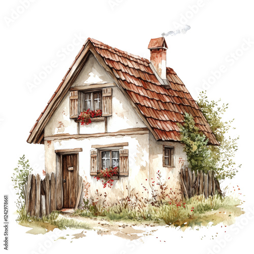 A charming watercolor painting depicts a small, rustic cottage with a red tile roof and flower boxes, nestled in a peaceful countryside setting. photo