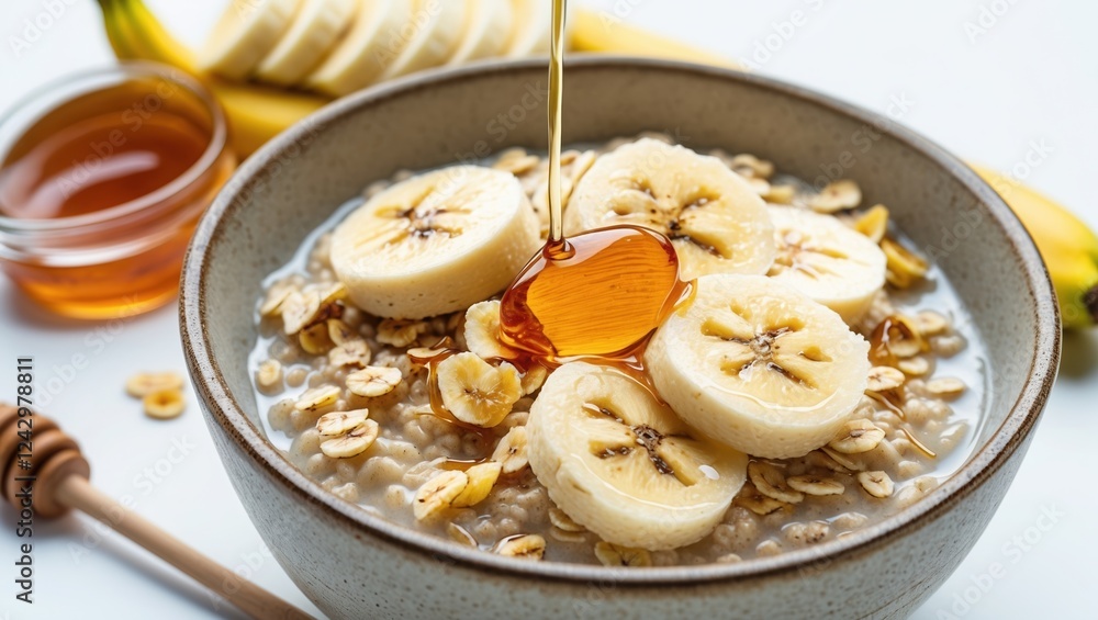 Wholesome oatmeal topped with bananas and honey for a bright start to the morning Wholesome oatmeal topped with bananas and honey for a bright start to the morning
