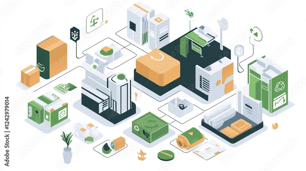 Sustainable supply chain management isometric illustration of eco-friendly packaging, logistics, and recycling Sustainable supply chain management isometric illustration of eco-friendly packaging, logistics, and recycling