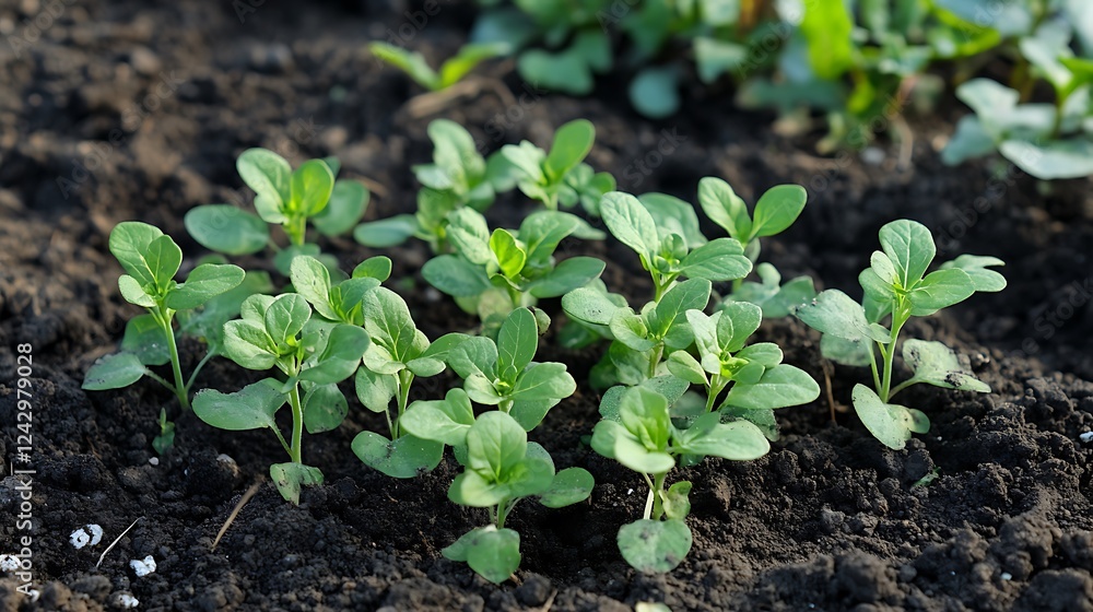Vibrant Green Seedlings Emerging from Dark Soil Vibrant Green Seedlings Emerging from Dark Soil