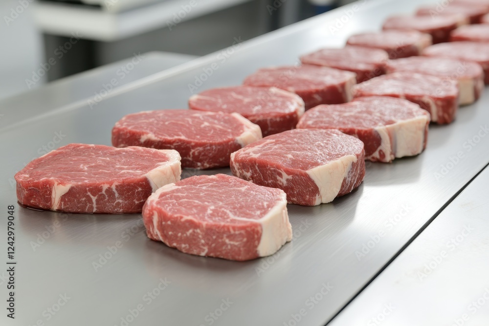 Fototapeta premium Raw beef steaks on a conveyor belt, ready for processing.