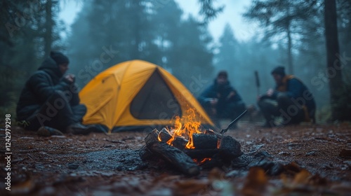 Wallpaper Mural Campers warming by campfire, foggy forest Torontodigital.ca