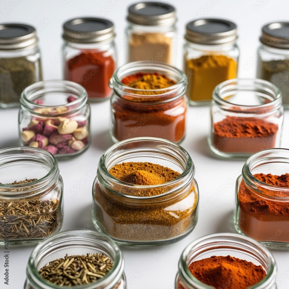 Colorful Spices in Glass Jars: Turmeric, Paprika, Cumin & Rose Petals Collection Colorful Spices in Glass Jars: Turmeric, Paprika, Cumin & Rose Petals Collection