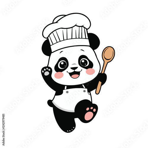 Cheerful Cartoon Panda Dressed as a Professional Chef, Wearing a Puffy White Chef’s Hat and Cute Apron, Holding a Wooden Spoon in One Paw While Happily Jumping with a Playful Expression – Adorable Cul