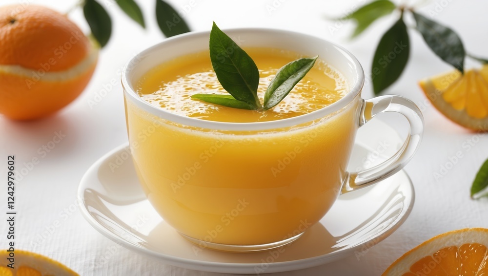 Bright orange smoothie garnished with green leaves and surrounded by fresh oranges. Bright orange smoothie garnished with green leaves and surrounded by fresh oranges.