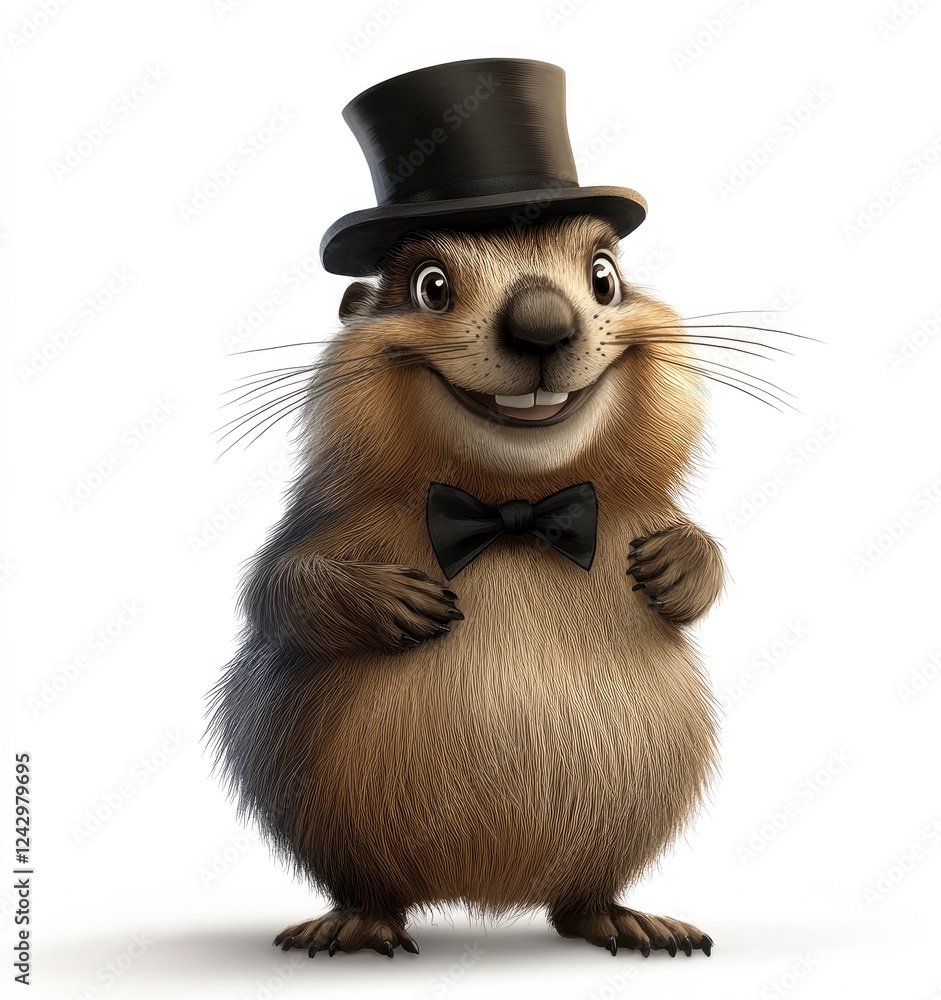 Fototapeta premium A smiling cartoon groundhog wearing a top hat, in a clip art style, on a white background.
