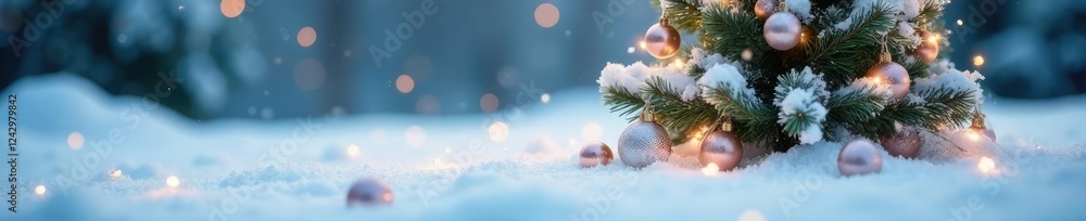 snow covered ground with small white balls surrounding a single Christmas tree, winter scene, white ornaments, christmas decorations snow covered ground with small white balls surrounding a single Christmas tree, winter scene, white ornaments, christmas decorations