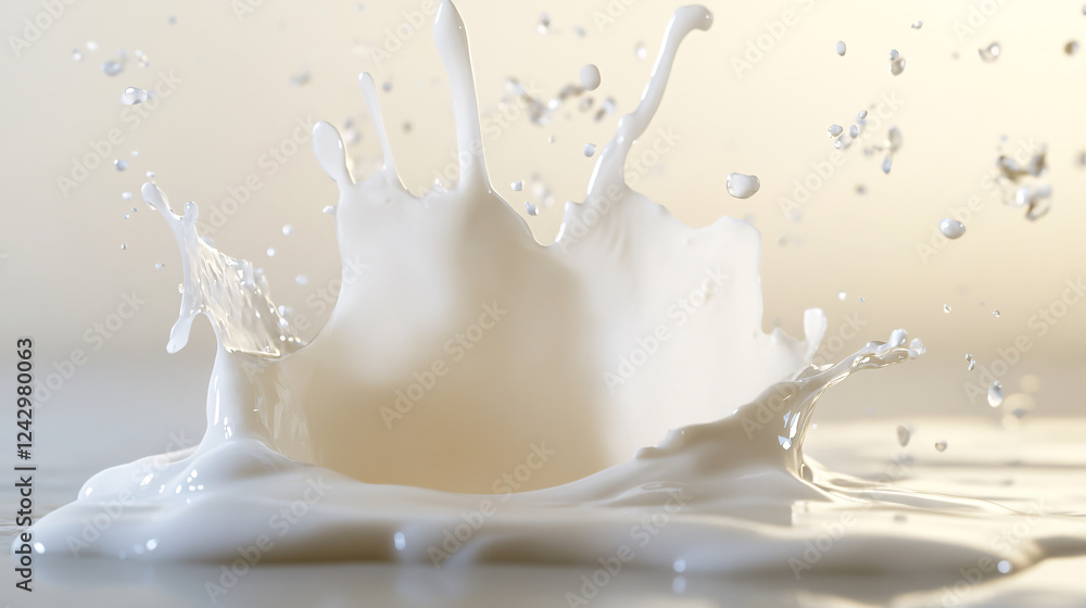 A close-up shot capturing the splash of milk on a white surface. A close-up shot capturing the splash of milk on a white surface.